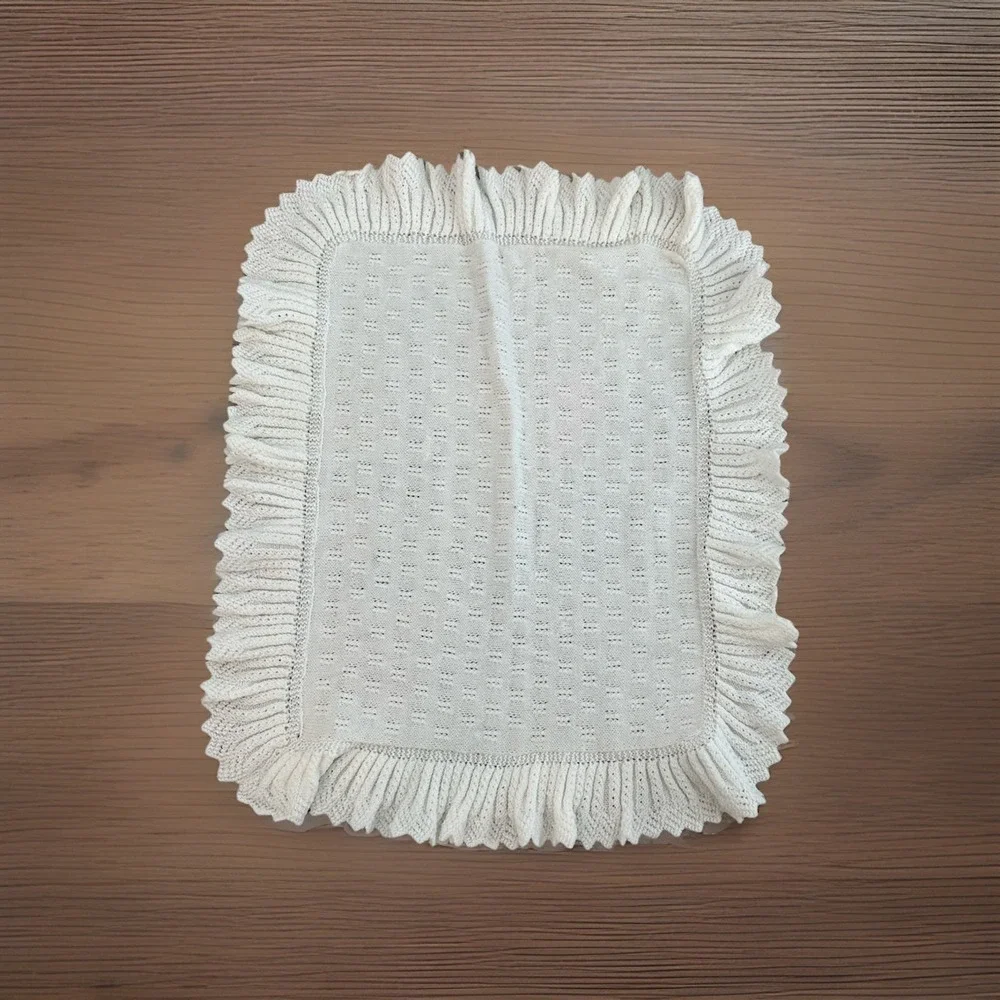 Vintage Handmade Baby Blanket White With Delicate Pink Flowers